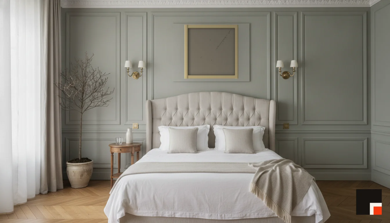 A Lumen & Logic artwork hanging in a Parisian hotel interior — Boiserie bedroom · Paris