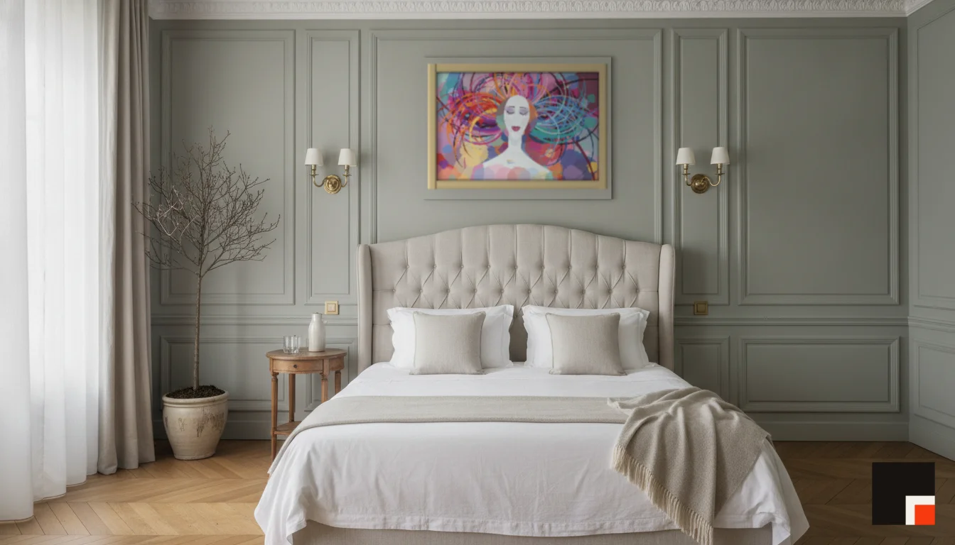 A Lumen & Logic artwork hanging in a Parisian hotel interior — Boiserie bedroom · Paris
