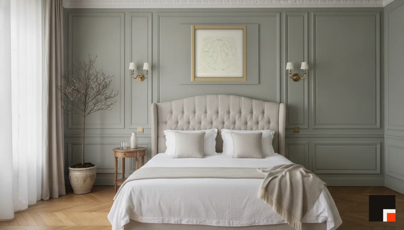 A Lumen & Logic artwork hanging in a Parisian hotel interior — Boiserie bedroom · Paris