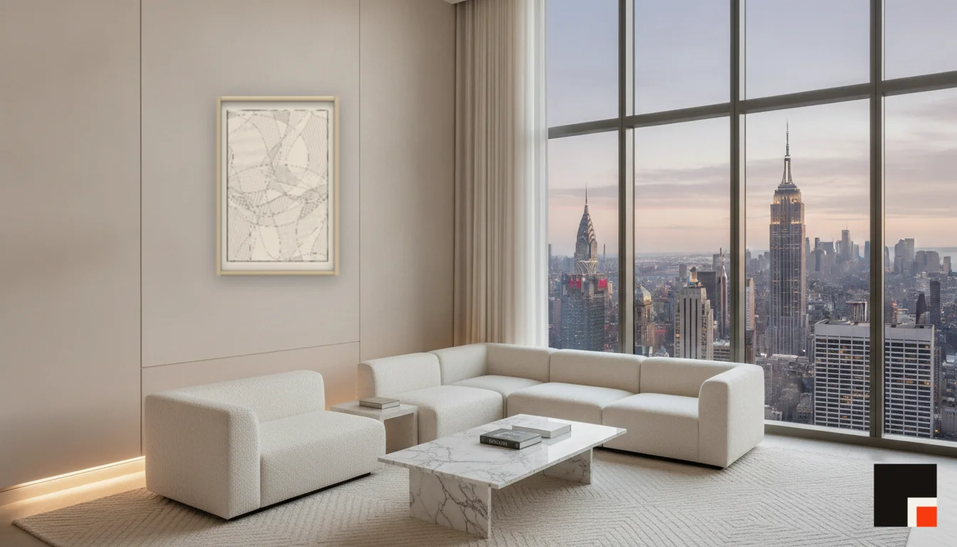 A Lumen & Logic artwork hanging in a Penthouse hotel interior — Penthouse lounge · New York