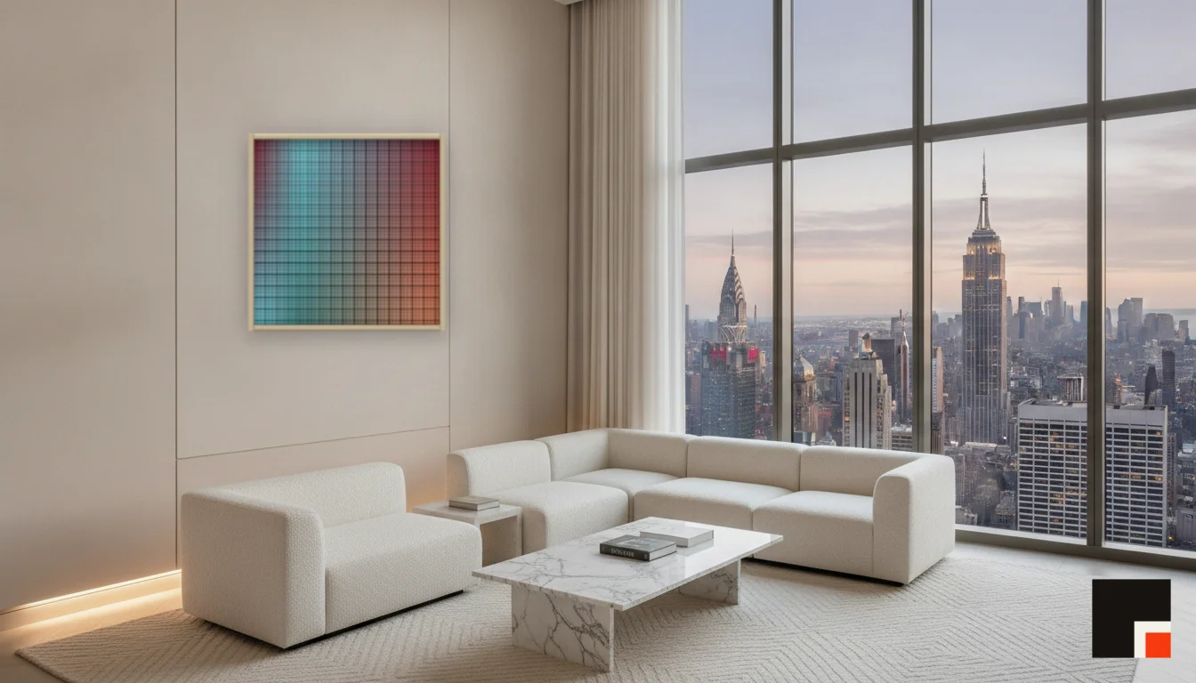 A Lumen & Logic artwork hanging in a Penthouse hotel interior — Penthouse lounge · New York