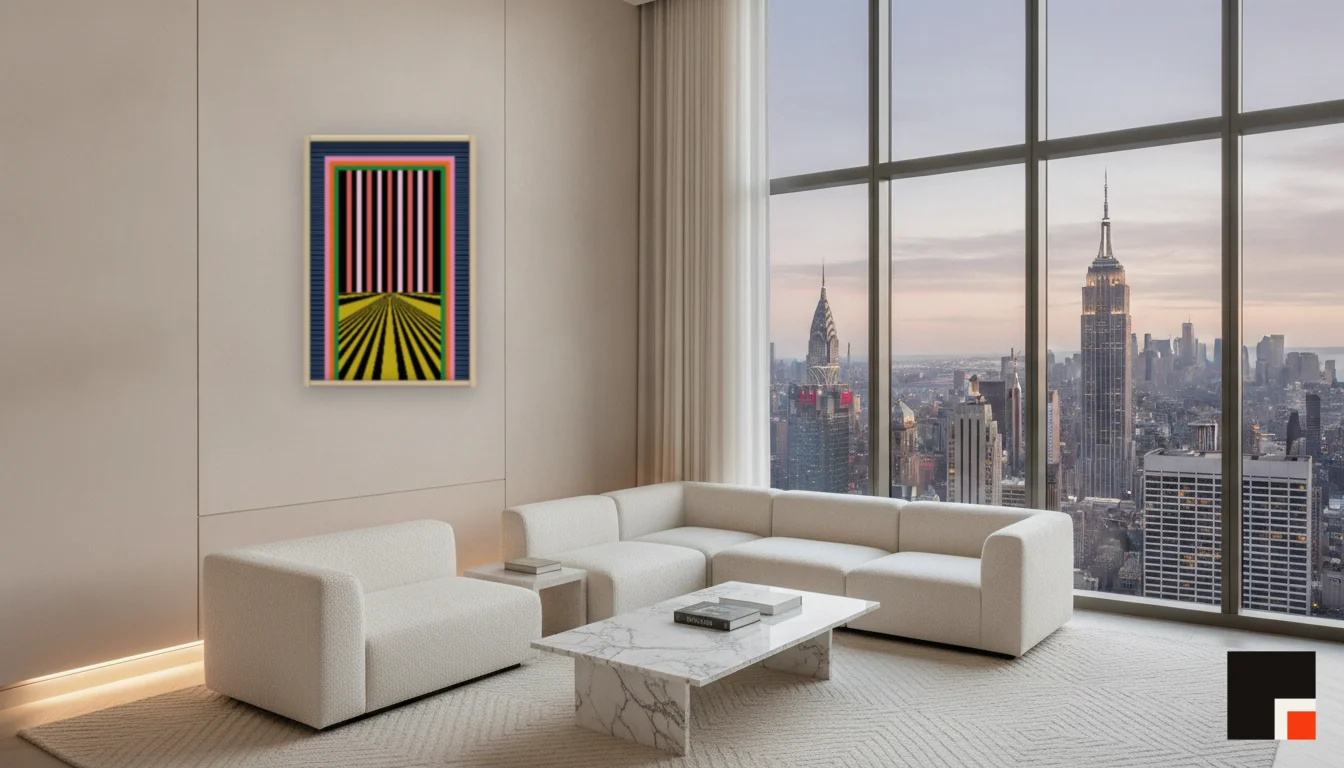 A Lumen & Logic artwork hanging in a Penthouse hotel interior — Penthouse lounge · New York
