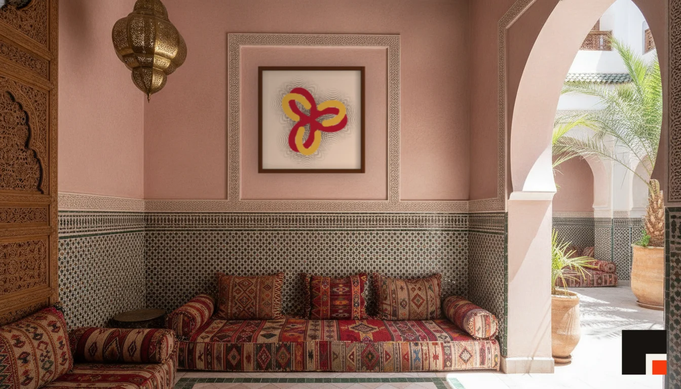 A Lumen & Logic artwork hanging in a Riad hotel interior — Courtyard salon · Marrakech