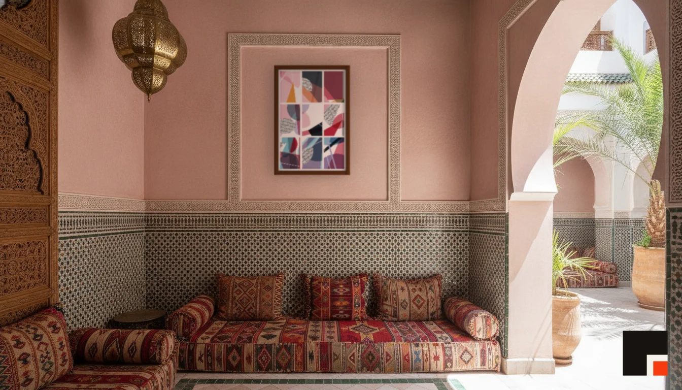 A Lumen & Logic artwork hanging in a Riad hotel interior — Courtyard salon · Marrakech