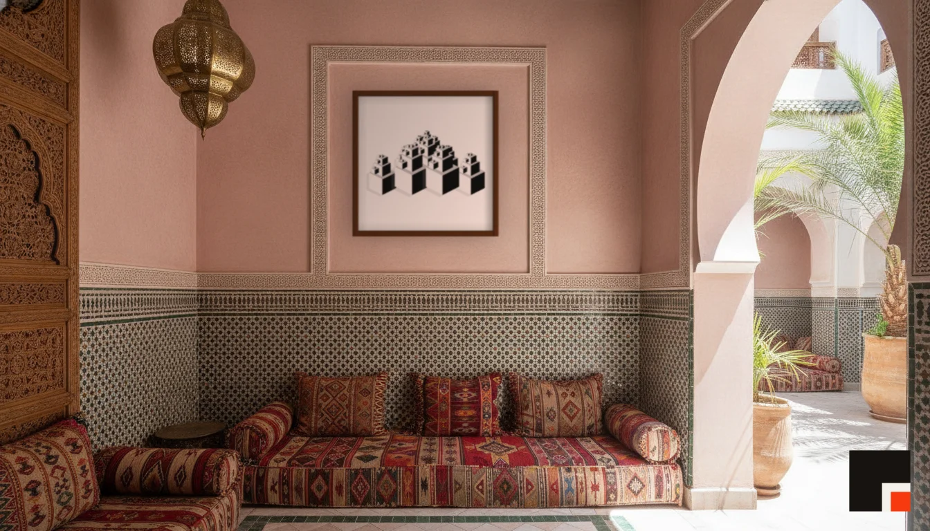 A Lumen & Logic artwork hanging in a Riad hotel interior — Courtyard salon · Marrakech