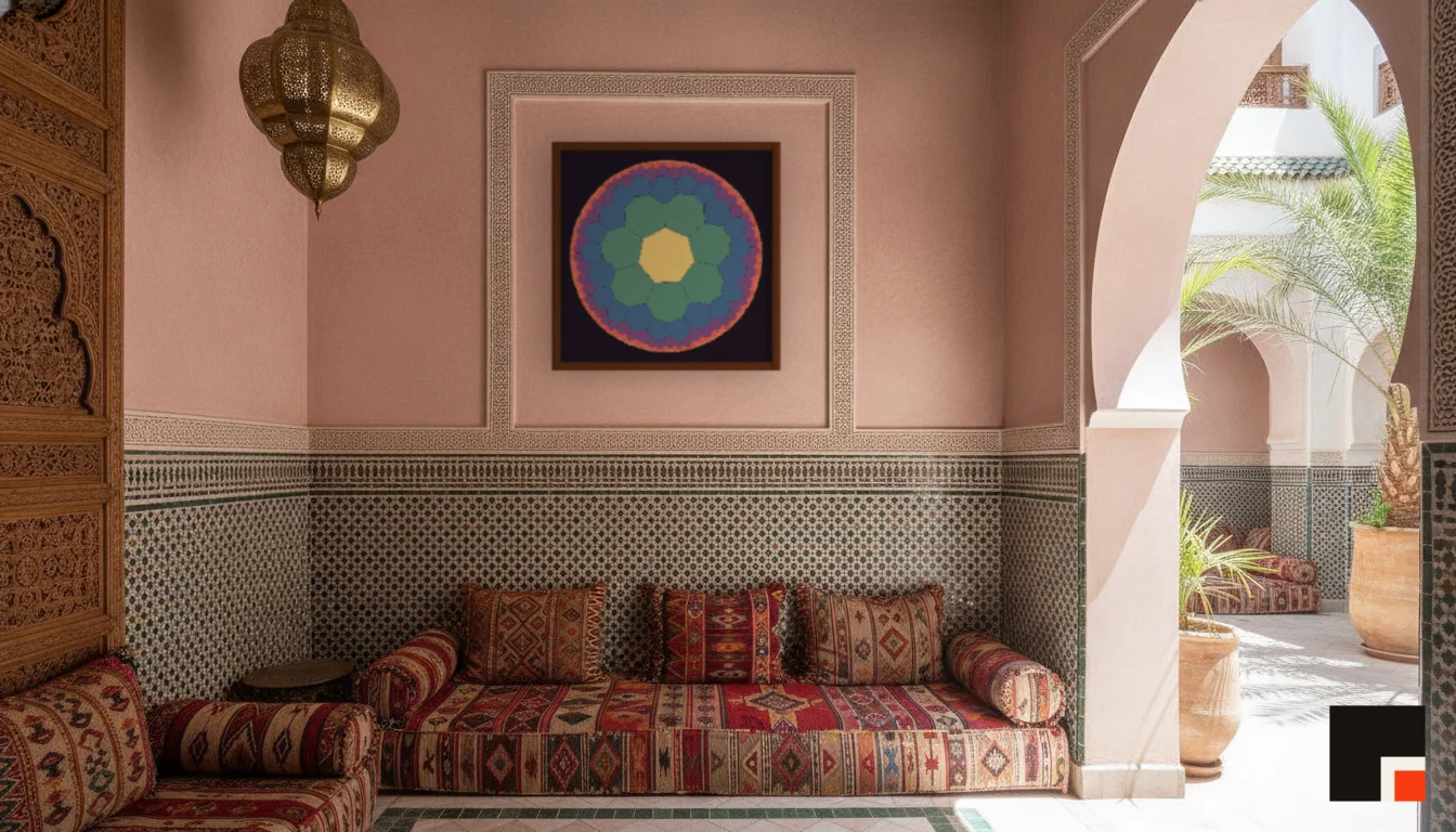 A Lumen & Logic artwork hanging in a Riad hotel interior — Courtyard salon · Marrakech