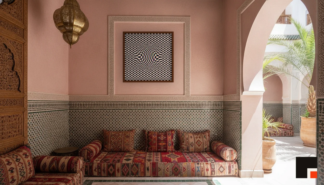 A Lumen & Logic artwork hanging in a Riad hotel interior — Courtyard salon · Marrakech