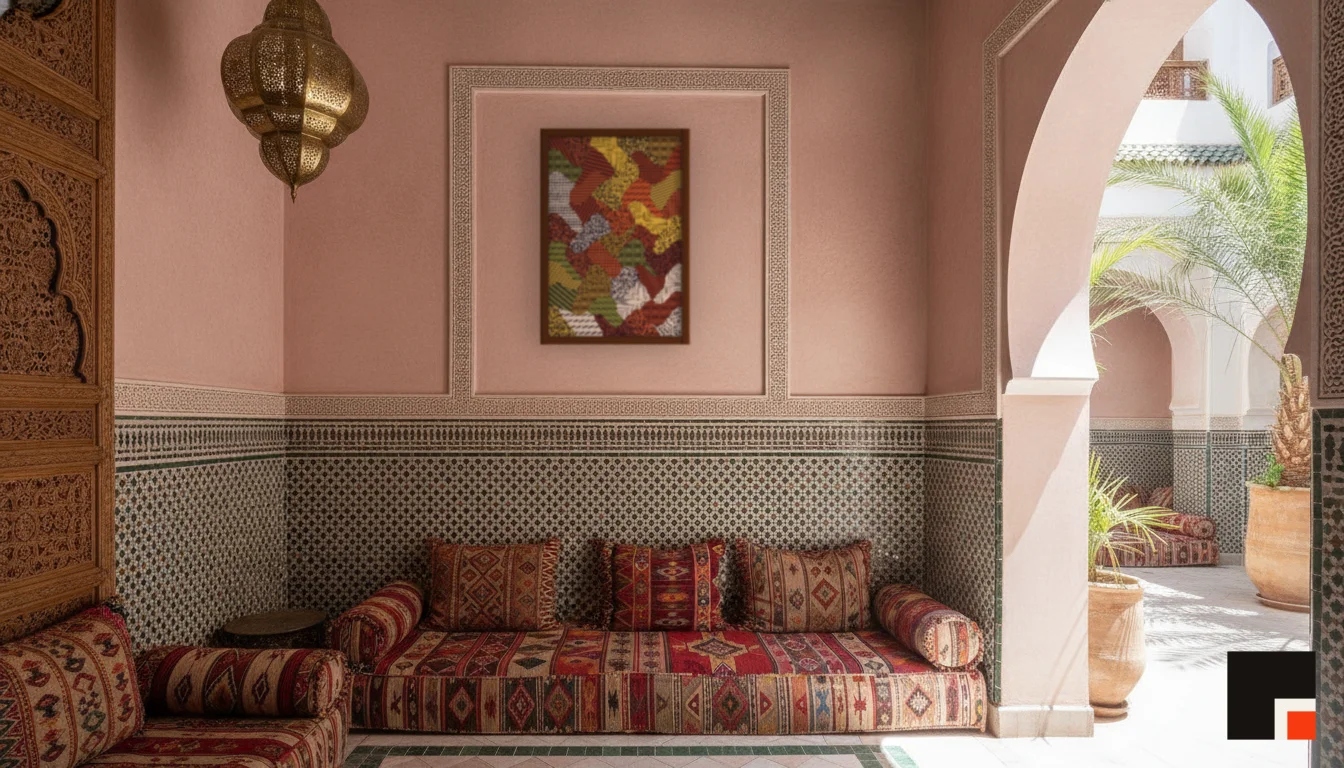 A Lumen & Logic artwork hanging in a Riad hotel interior — Courtyard salon · Marrakech