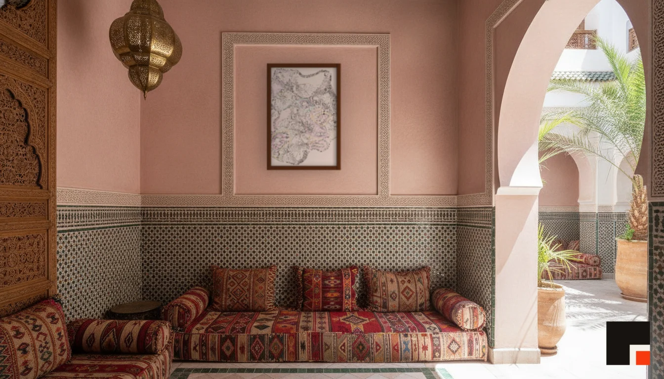 A Lumen & Logic artwork hanging in a Riad hotel interior — Courtyard salon · Marrakech
