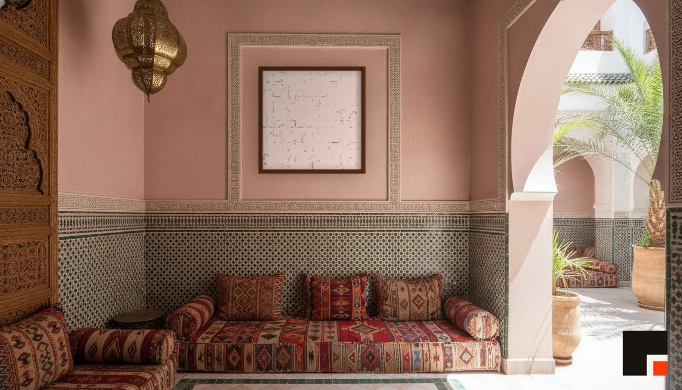 A Lumen & Logic artwork hanging in a Riad hotel interior — Courtyard salon · Marrakech