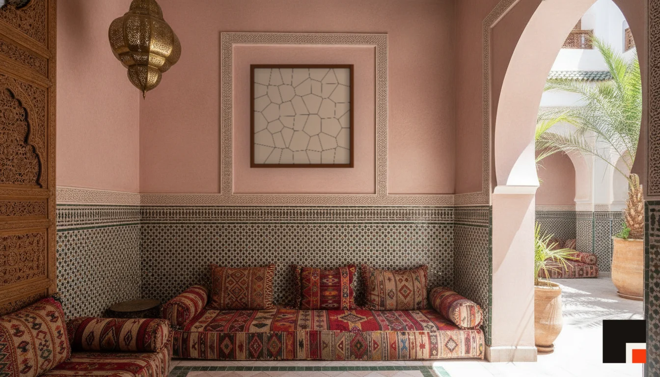 A Lumen & Logic artwork hanging in a Riad hotel interior — Courtyard salon · Marrakech
