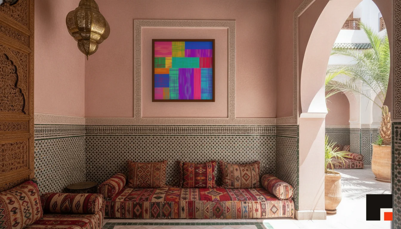 A Lumen & Logic artwork hanging in a Riad hotel interior — Courtyard salon · Marrakech