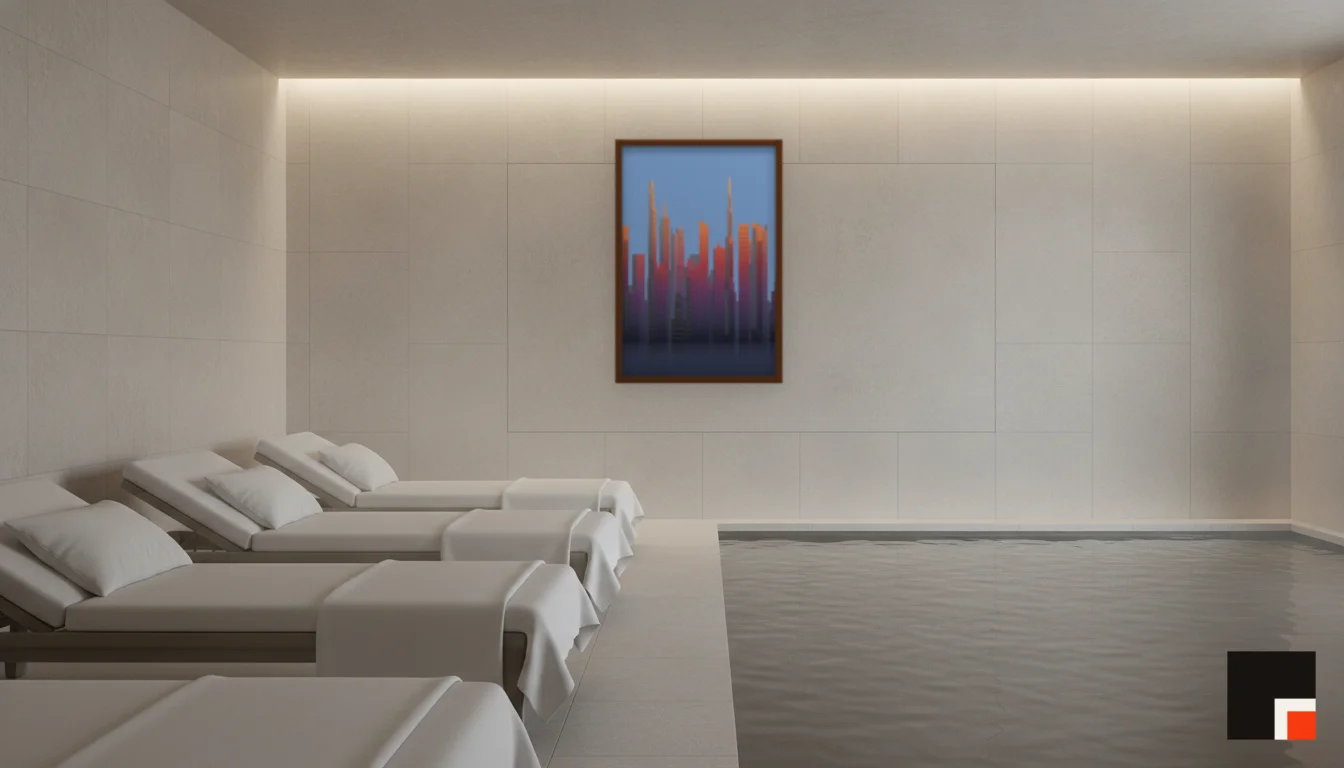 A Lumen & Logic artwork hanging in a Spa hotel interior — Relaxation room · Baden-Baden