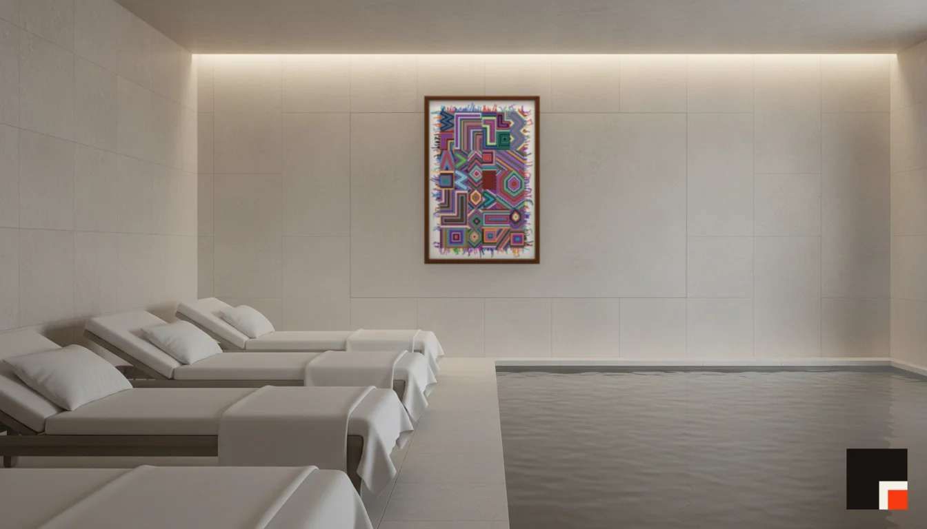 A Lumen & Logic artwork hanging in a Spa hotel interior — Relaxation room · Baden-Baden