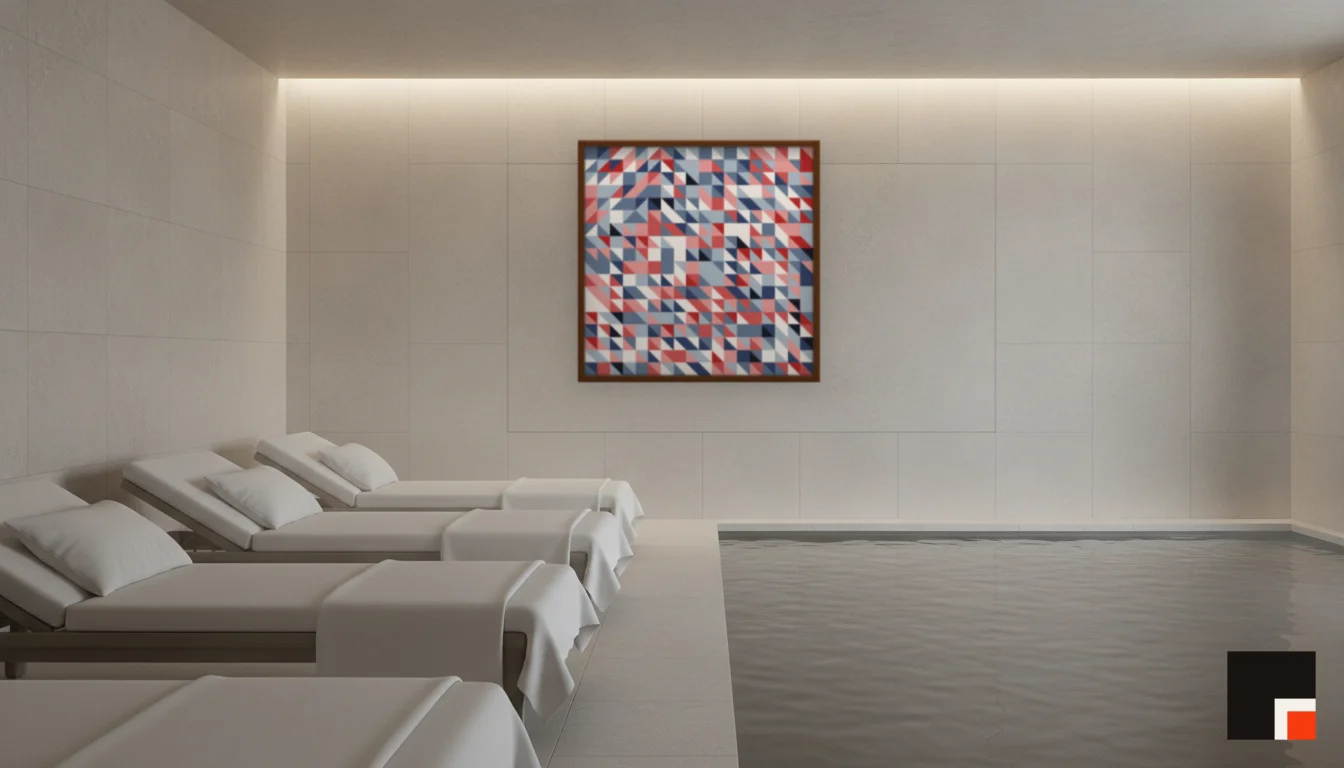 A Lumen & Logic artwork hanging in a Spa hotel interior — Relaxation room · Baden-Baden
