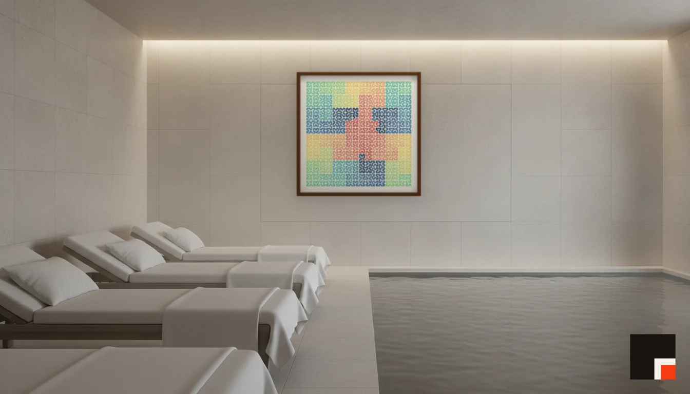 A Lumen & Logic artwork hanging in a Spa hotel interior — Relaxation room · Baden-Baden