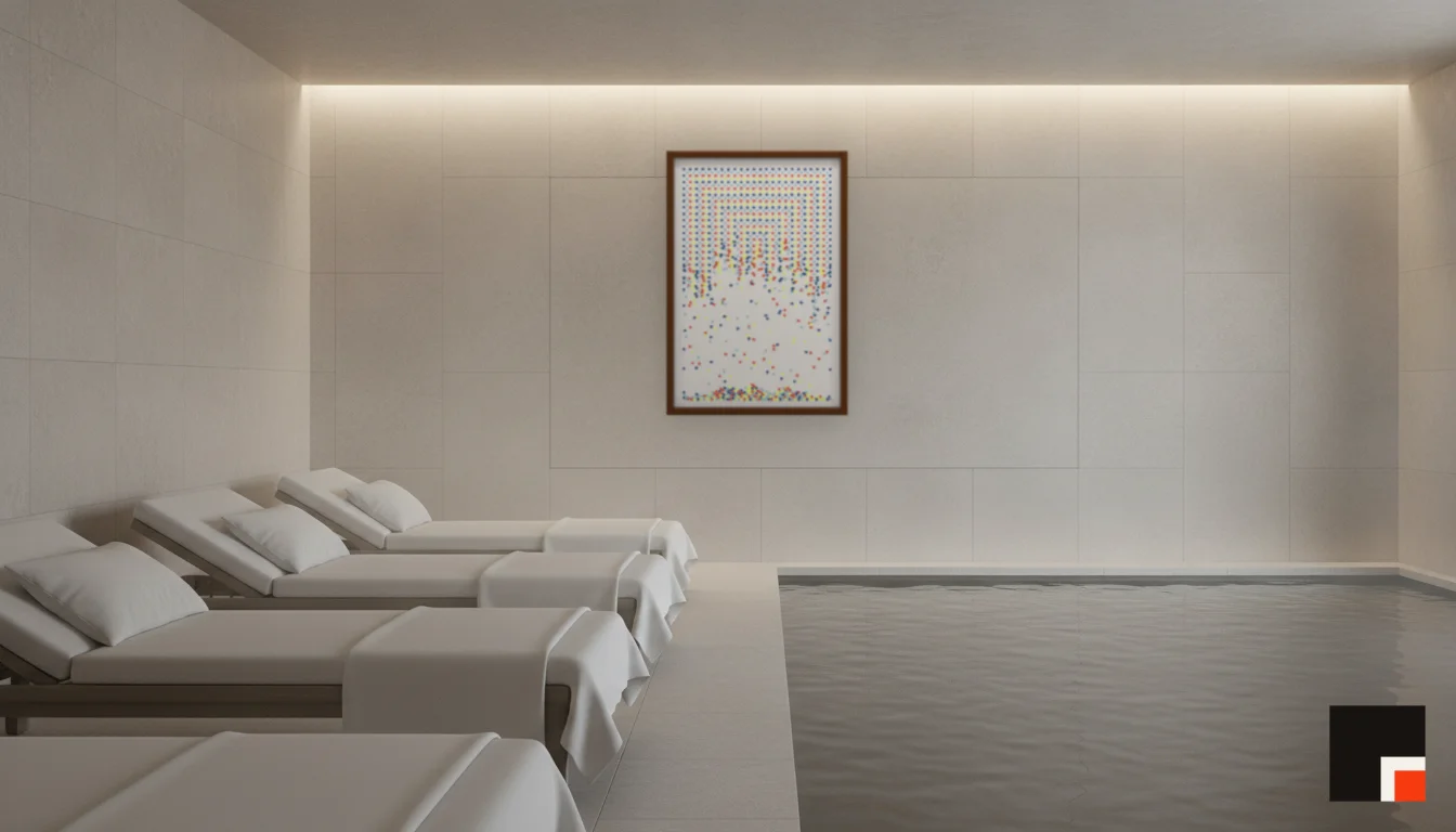 A Lumen & Logic artwork hanging in a Spa hotel interior — Relaxation room · Baden-Baden